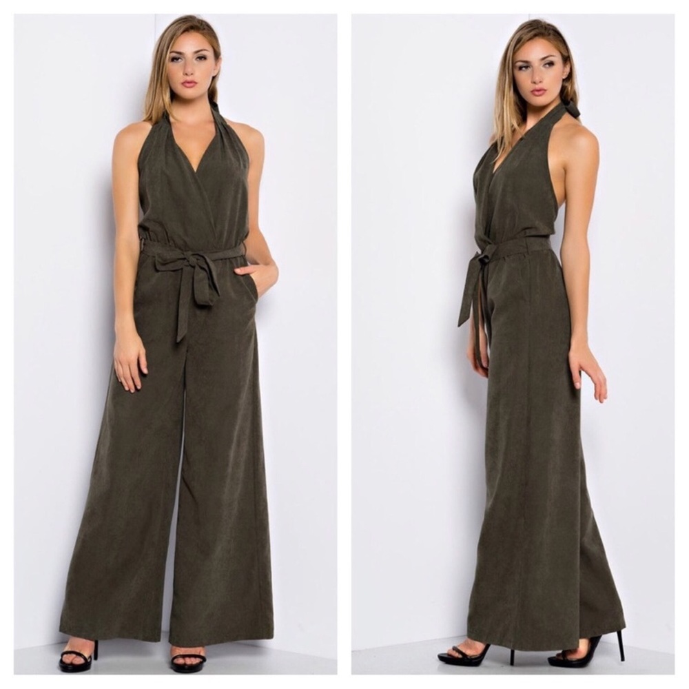 Green Halter Jumpsuit, wide-leg, open-back